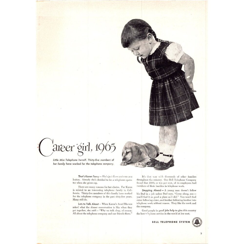 1951 Bell Telephone System Vintage Print Ad Little Career Girl Hound Dog Art